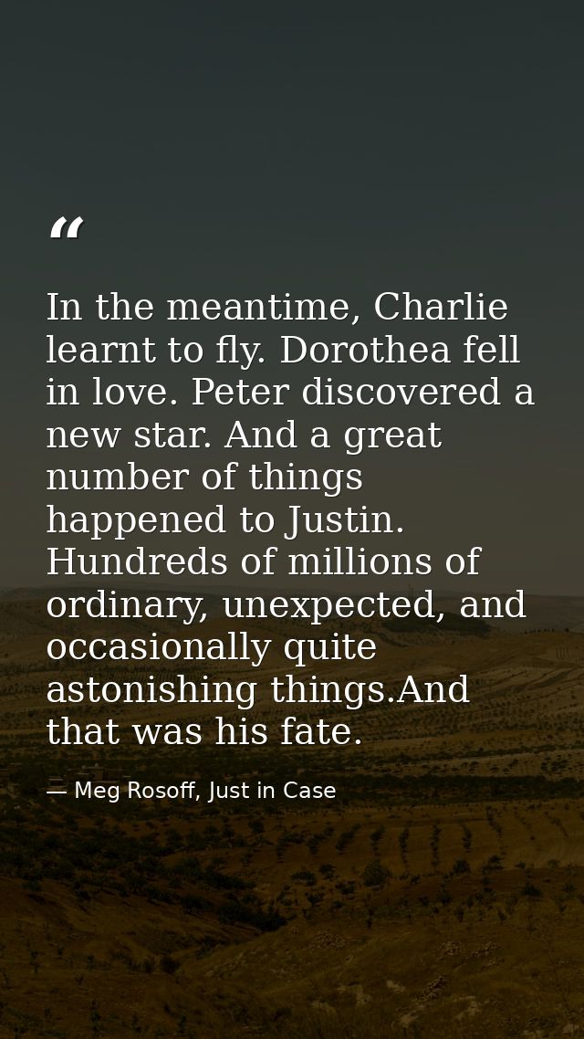 In the meantime, Charlie learnt to fly. Dorothea fell in love. Peter discovered a new star. And a great number of things — Meg Rosoff, Just in Case