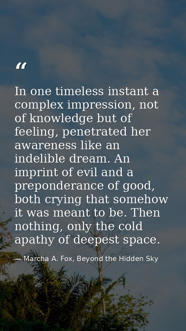 In one timeless instant a complex impression, not of knowledge but of feeling, penetrated her awareness like an indelibl — Marcha A. Fox, Beyond the Hidden Sky