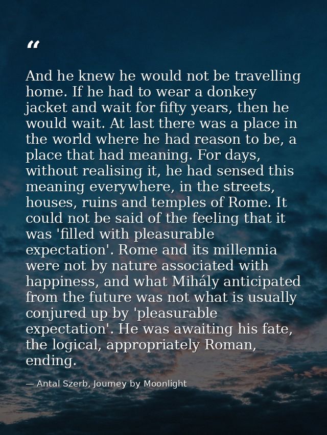 And he knew he would not be travelling home. If he had to wear a donkey jacket and wait for fifty years, then he would w — Antal Szerb, Journey by Moonlight