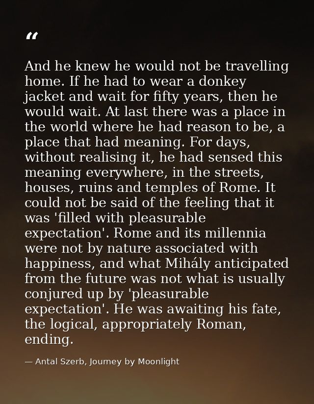 And he knew he would not be travelling home. If he had to wear a donkey jacket and wait for fifty years, then he would w — Antal Szerb, Journey by Moonlight