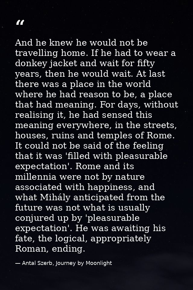 And he knew he would not be travelling home. If he had to wear a donkey jacket and wait for fifty years, then he would w — Antal Szerb, Journey by Moonlight