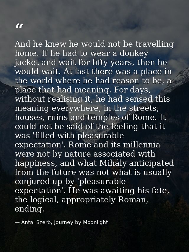 And he knew he would not be travelling home. If he had to wear a donkey jacket and wait for fifty years, then he would w — Antal Szerb, Journey by Moonlight