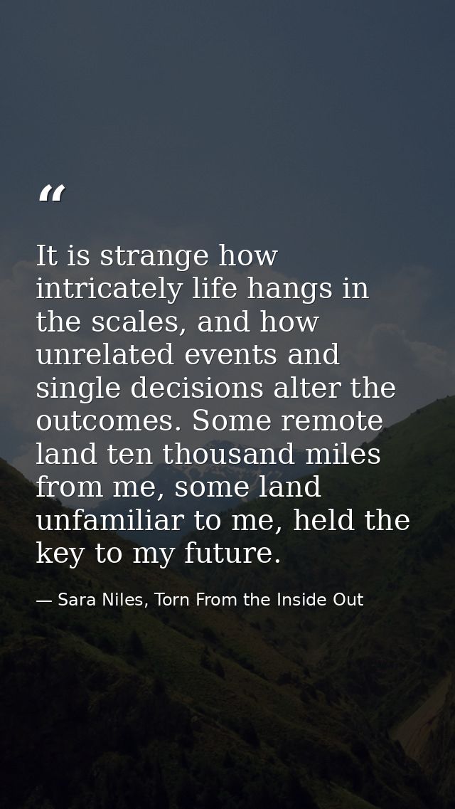 It is strange how intricately life hangs in the scales, and how unrelated events and single decisions alter the outcomes — Sara Niles, Torn From the Inside Out
