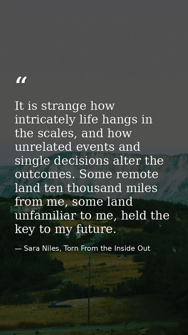 It is strange how intricately life hangs in the scales, and how unrelated events and single decisions alter the outcomes — Sara Niles, Torn From the Inside Out