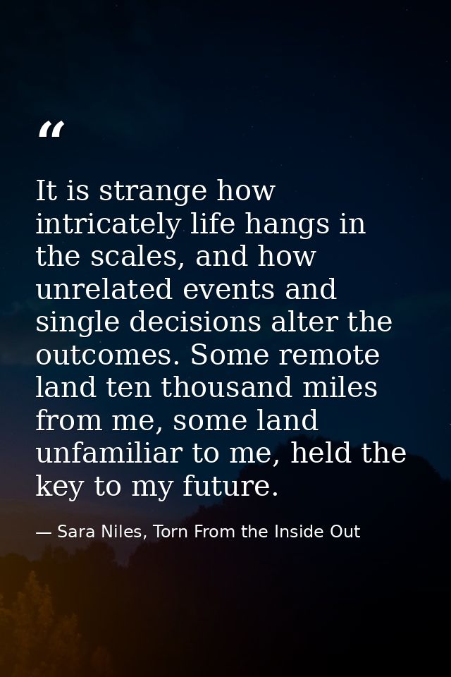 It is strange how intricately life hangs in the scales, and how unrelated events and single decisions alter the outcomes — Sara Niles, Torn From the Inside Out