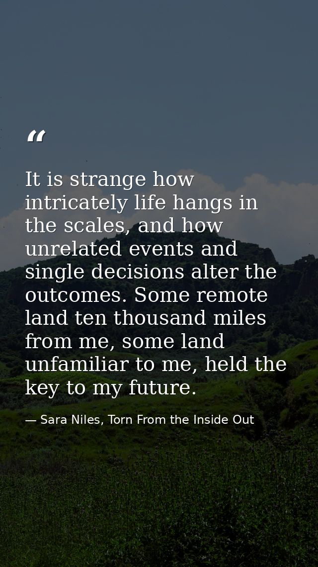 It is strange how intricately life hangs in the scales, and how unrelated events and single decisions alter the outcomes — Sara Niles, Torn From the Inside Out