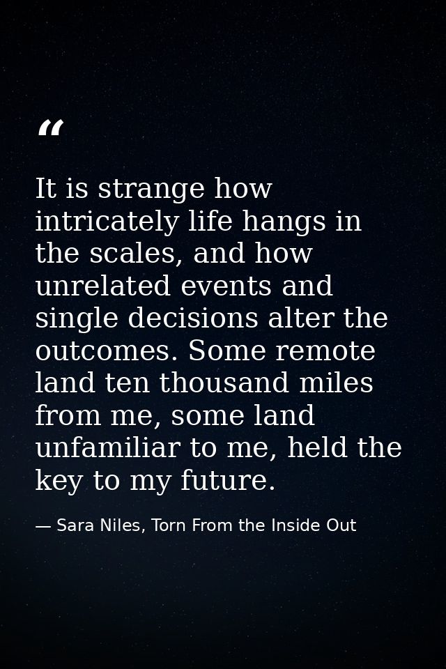 It is strange how intricately life hangs in the scales, and how unrelated events and single decisions alter the outcomes — Sara Niles, Torn From the Inside Out