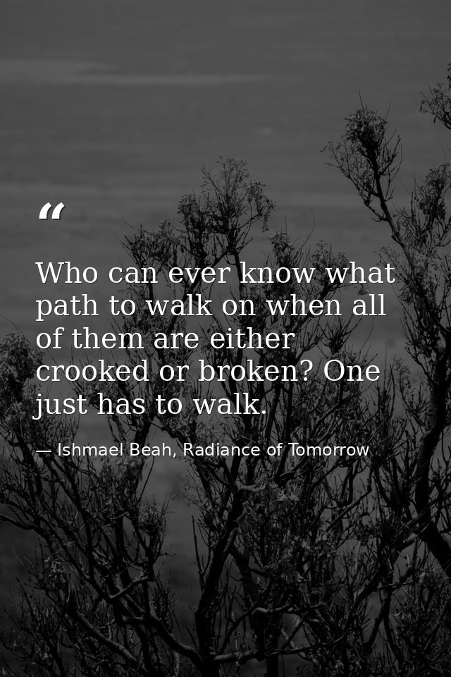 Who can ever know what path to walk on when all of them are either crooked or broken? One just has to walk. — Ishmael Beah, Radiance of Tomorrow