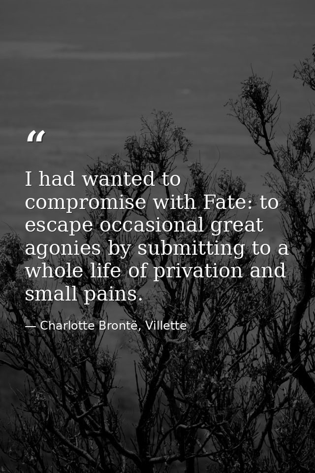 I had wanted to compromise with Fate: to escape occasional great agonies by submitting to a whole life of privation and  — Charlotte Brontë, Villette