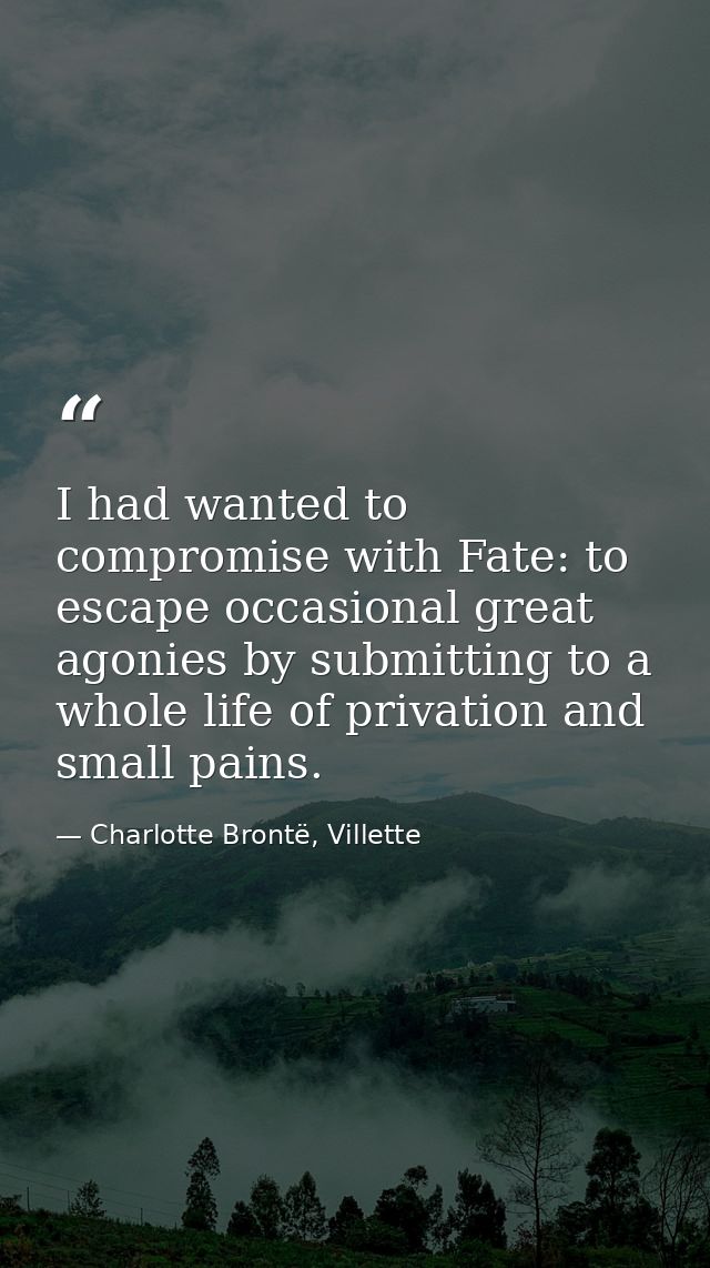 I had wanted to compromise with Fate: to escape occasional great agonies by submitting to a whole life of privation and  — Charlotte Brontë, Villette