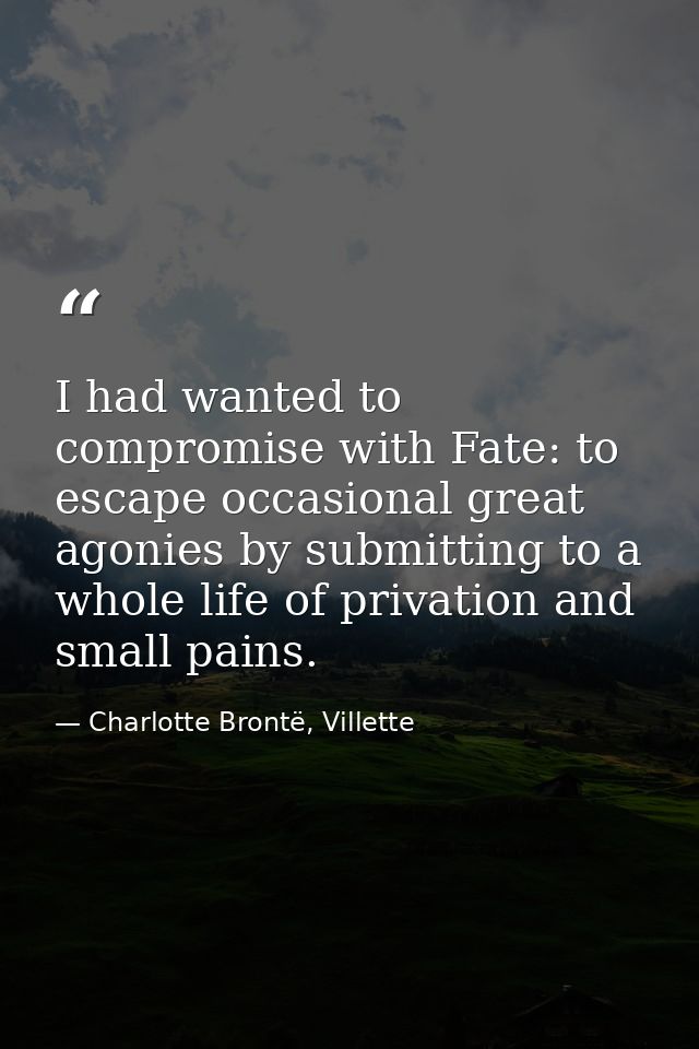 I had wanted to compromise with Fate: to escape occasional great agonies by submitting to a whole life of privation and  — Charlotte Brontë, Villette