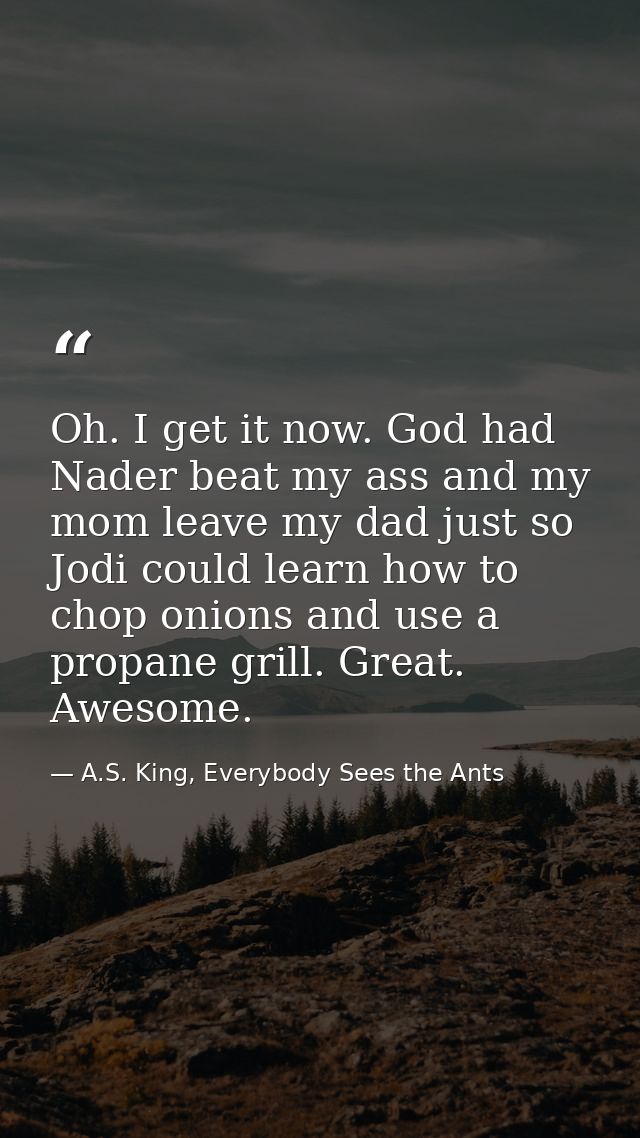 Oh. I get it now. God had Nader beat my ass and my mom leave my dad just so Jodi could learn how to chop onions and use  — A.S. King, Everybody Sees the Ants