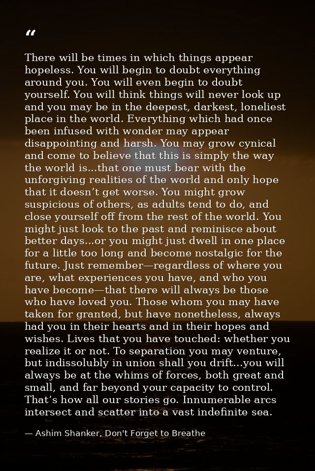 There will be times in which things appear hopeless. You will begin to doubt everything around you. You will even begin  — Ashim Shanker, Don't Forget to Breathe