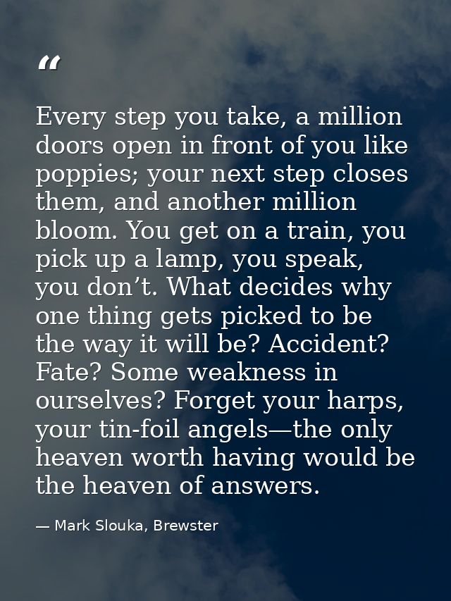 Every step you take, a million doors open in front of you like poppies; your next step closes them, and another million  — Mark Slouka, Brewster