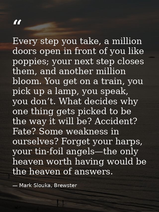 Every step you take, a million doors open in front of you like poppies; your next step closes them, and another million  — Mark Slouka, Brewster