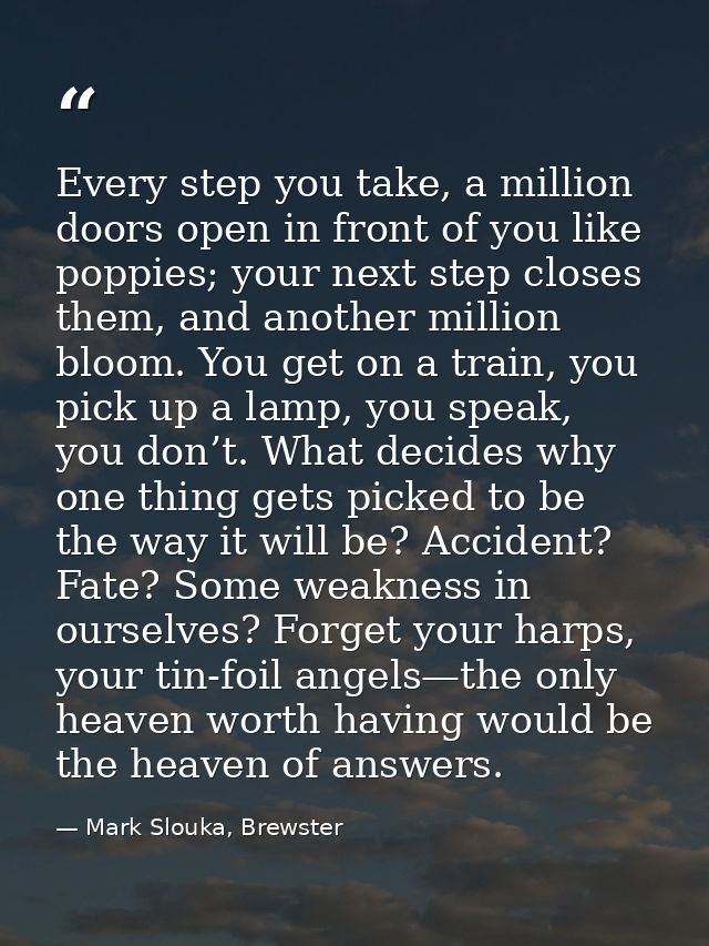Every step you take, a million doors open in front of you like poppies; your next step closes them, and another million  — Mark Slouka, Brewster