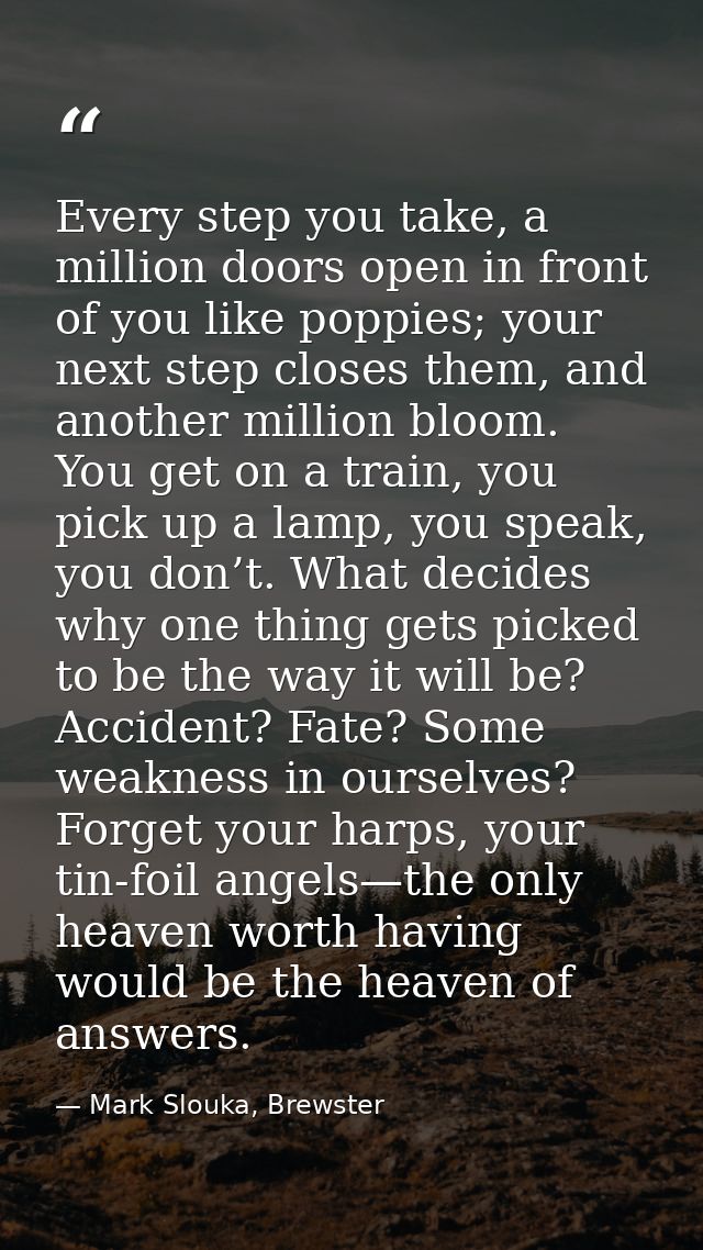 Every step you take, a million doors open in front of you like poppies; your next step closes them, and another million  — Mark Slouka, Brewster