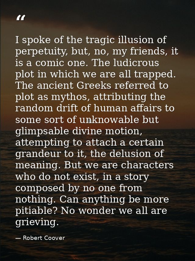 I spoke of the tragic illusion of perpetuity, but, no, my friends, it is a comic one. The ludicrous plot in which we are — Robert Coover