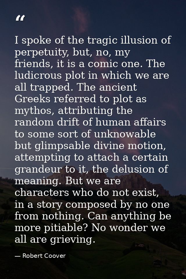I spoke of the tragic illusion of perpetuity, but, no, my friends, it is a comic one. The ludicrous plot in which we are — Robert Coover