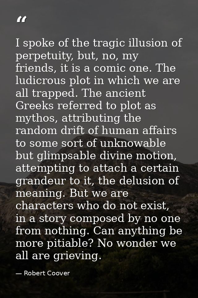 I spoke of the tragic illusion of perpetuity, but, no, my friends, it is a comic one. The ludicrous plot in which we are — Robert Coover