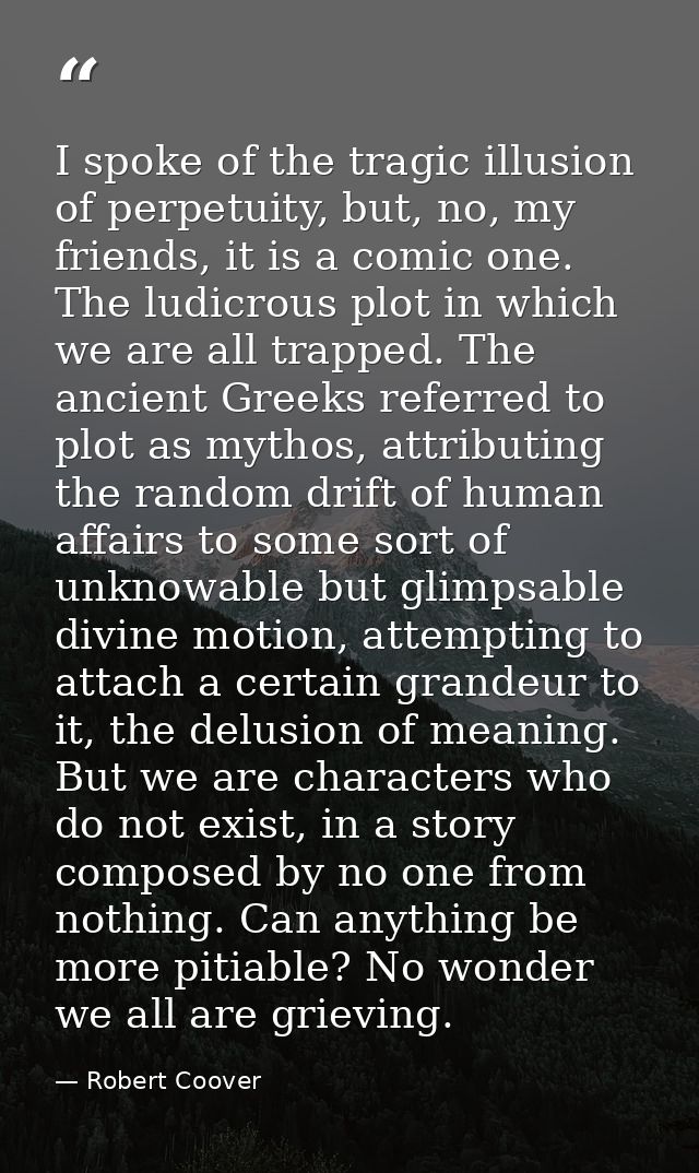 I spoke of the tragic illusion of perpetuity, but, no, my friends, it is a comic one. The ludicrous plot in which we are — Robert Coover