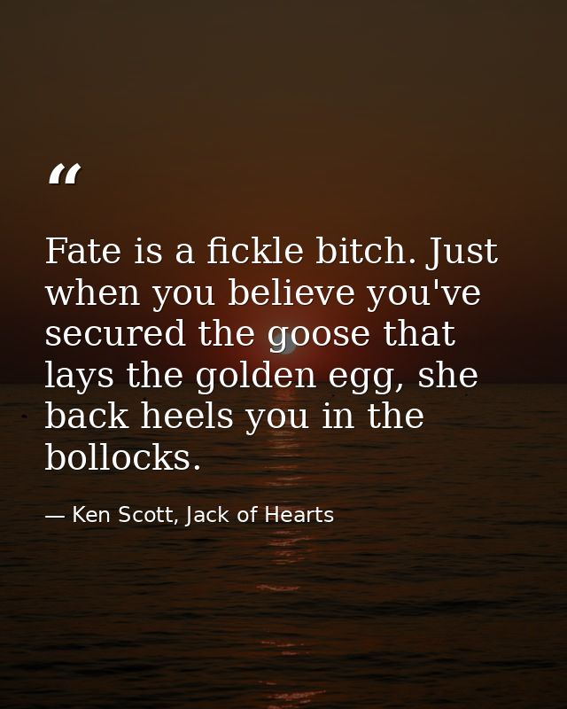 Fate is a fickle bitch. Just when you believe you've secured the goose that lays the golden egg, she back heels you in t — Ken Scott, Jack of Hearts
