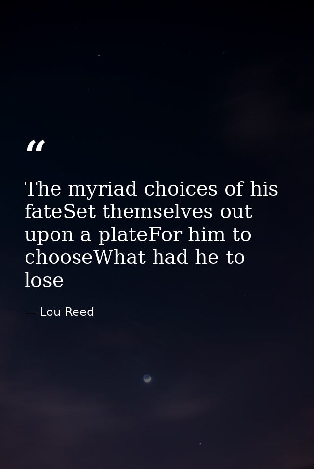 The myriad choices of his fateSet themselves out upon a plateFor him to chooseWhat had he to lose — Lou Reed