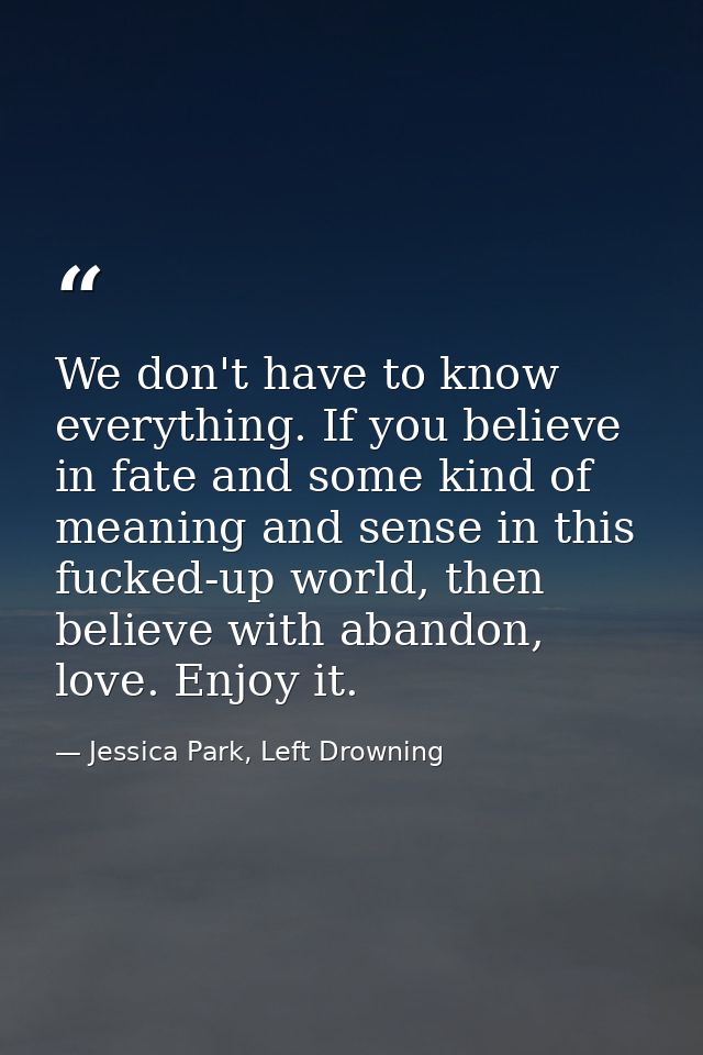 We don't have to know everything. If you believe in fate and some kind of meaning and sense in this fucked-up world, the — Jessica Park, Left Drowning