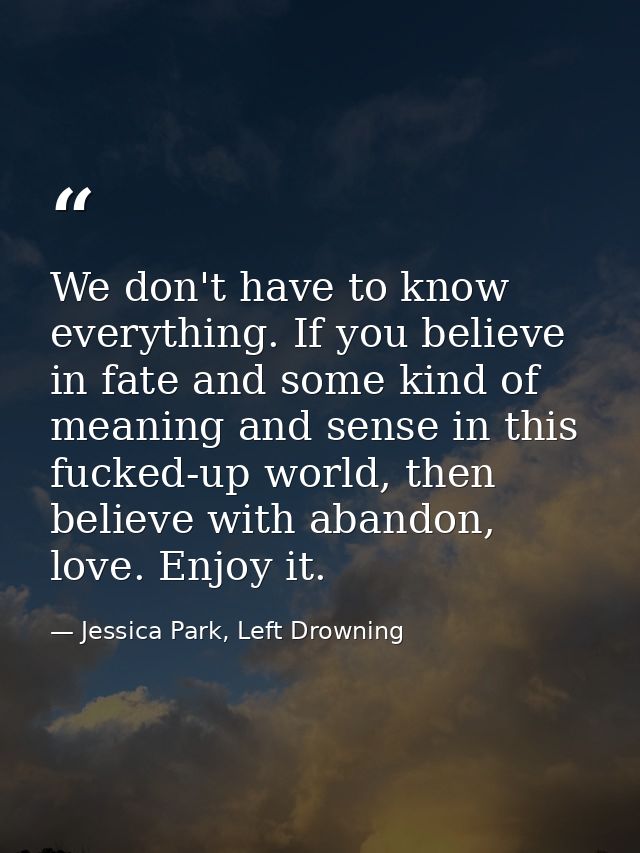 We don't have to know everything. If you believe in fate and some kind of meaning and sense in this fucked-up world, the — Jessica Park, Left Drowning