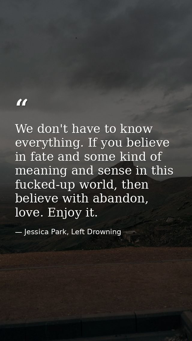 We don't have to know everything. If you believe in fate and some kind of meaning and sense in this fucked-up world, the — Jessica Park, Left Drowning