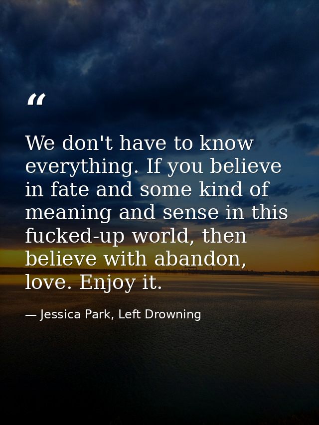 We don't have to know everything. If you believe in fate and some kind of meaning and sense in this fucked-up world, the — Jessica Park, Left Drowning