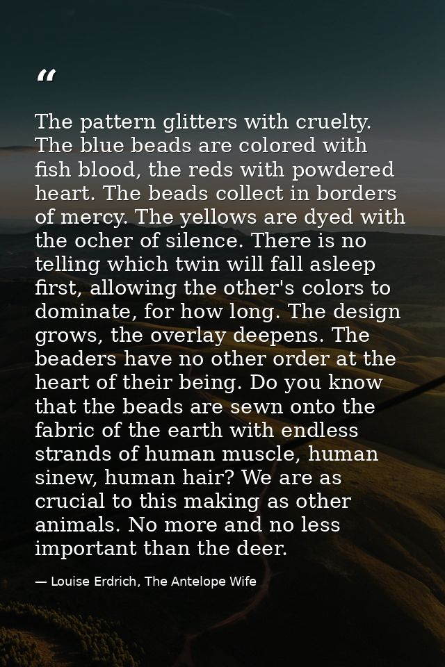 The pattern glitters with cruelty. The blue beads are colored with fish blood, the reds with powdered heart. The beads c — Louise Erdrich, The Antelope Wife