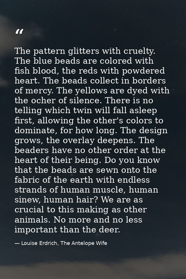 The pattern glitters with cruelty. The blue beads are colored with fish blood, the reds with powdered heart. The beads c — Louise Erdrich, The Antelope Wife