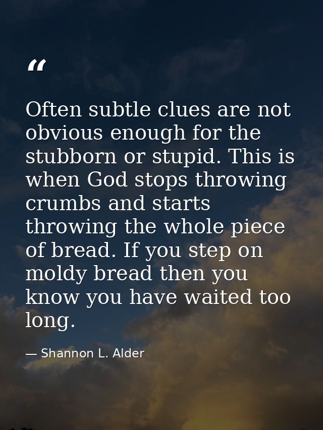 Often subtle clues are not obvious enough for the stubborn or stupid. This is when God stops throwing crumbs and starts  — Shannon L. Alder