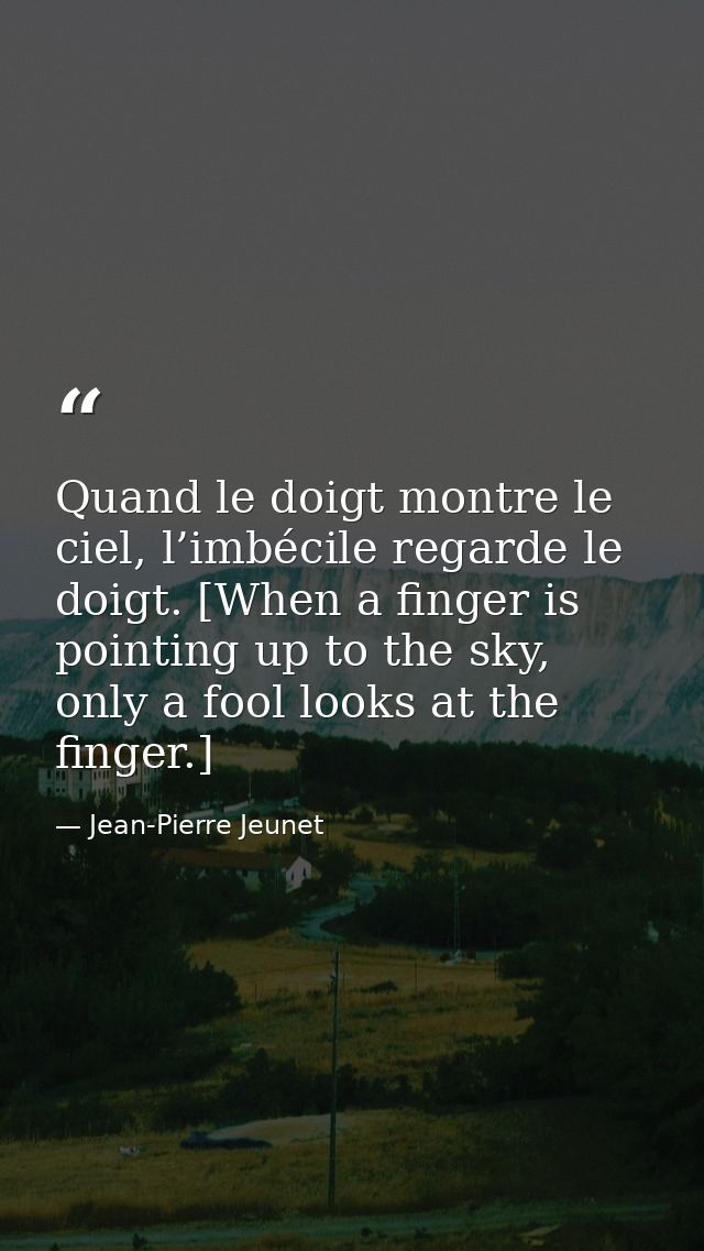 Quand le doigt montre le ciel, l’imbécile regarde le doigt. [When a finger is pointing up to the sky, only a fool looks  — Jean-Pierre Jeunet