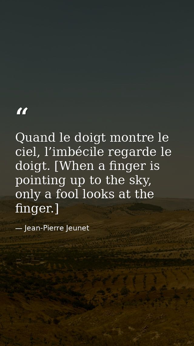 Quand le doigt montre le ciel, l’imbécile regarde le doigt. [When a finger is pointing up to the sky, only a fool looks  — Jean-Pierre Jeunet