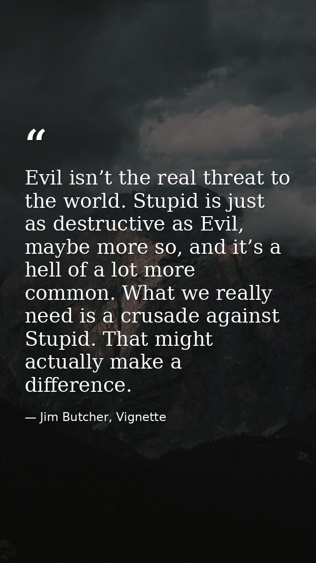 Evil isn’t the real threat to the world. Stupid is just as destructive as Evil, maybe more so, and it’s a hell of a lot  — Jim Butcher, Vignette