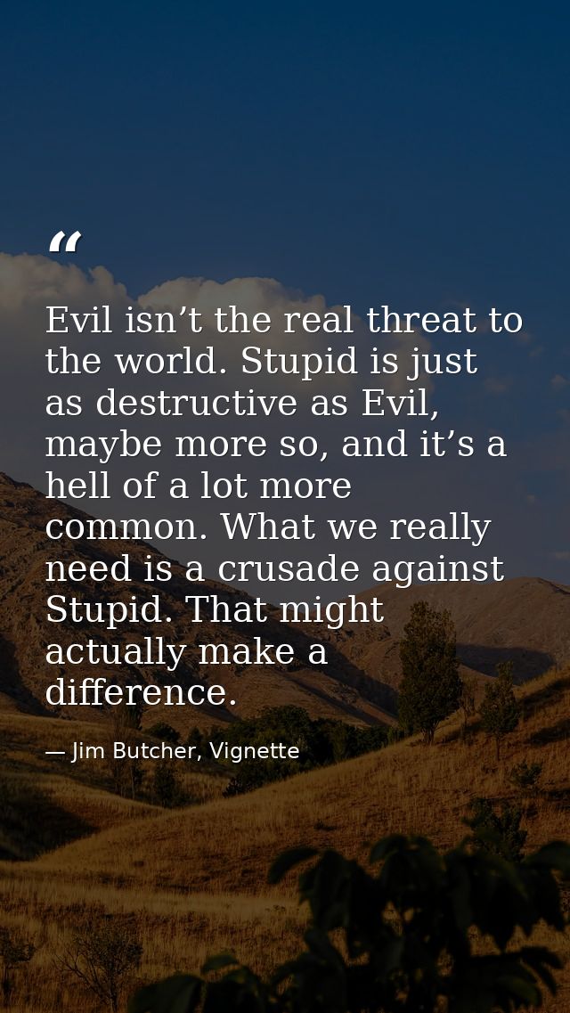 Evil isn’t the real threat to the world. Stupid is just as destructive as Evil, maybe more so, and it’s a hell of a lot  — Jim Butcher, Vignette