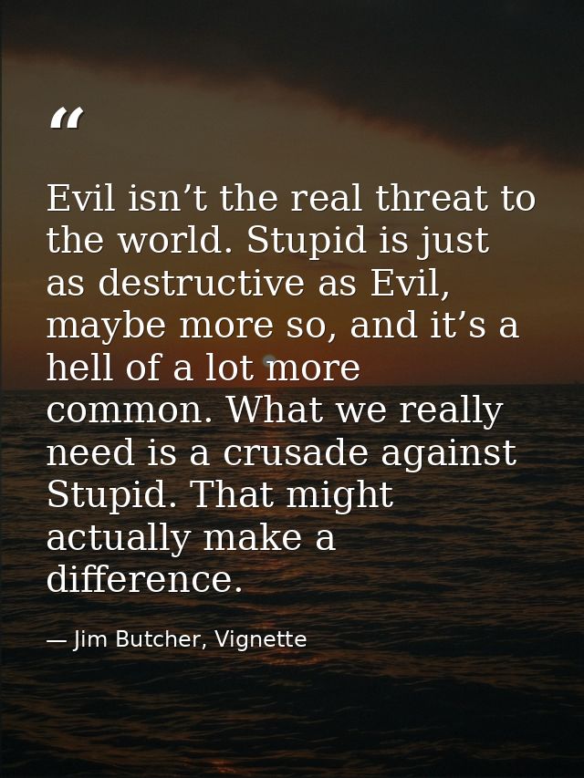 Evil isn’t the real threat to the world. Stupid is just as destructive as Evil, maybe more so, and it’s a hell of a lot  — Jim Butcher, Vignette