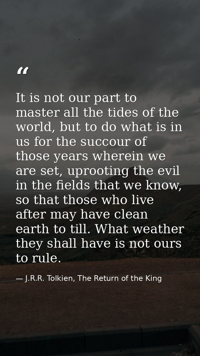 It is not our part to master all the tides of the world, but to do what is in us for the succour of those years wherein  — J.R.R. Tolkien, The Return of the King