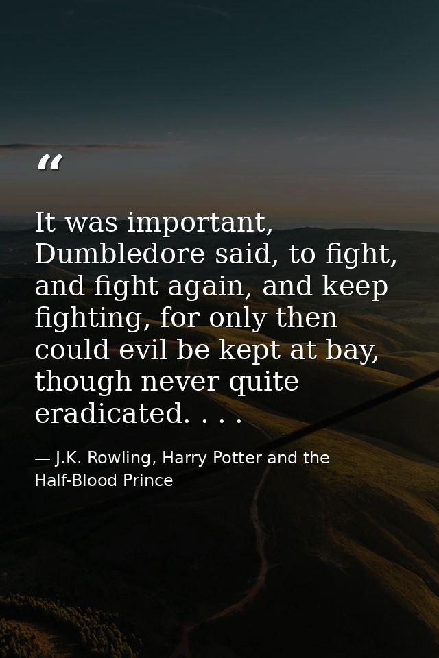 It was important, Dumbledore said, to fight, and fight again, and keep fighting, for only then could evil be kept at bay — J.K. Rowling, Harry Potter and the Half-Blood Prince