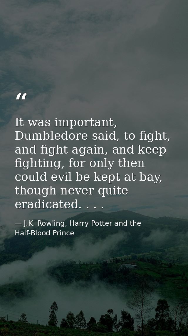 It was important, Dumbledore said, to fight, and fight again, and keep fighting, for only then could evil be kept at bay — J.K. Rowling, Harry Potter and the Half-Blood Prince