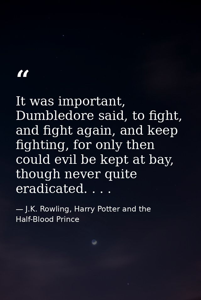 It was important, Dumbledore said, to fight, and fight again, and keep fighting, for only then could evil be kept at bay — J.K. Rowling, Harry Potter and the Half-Blood Prince