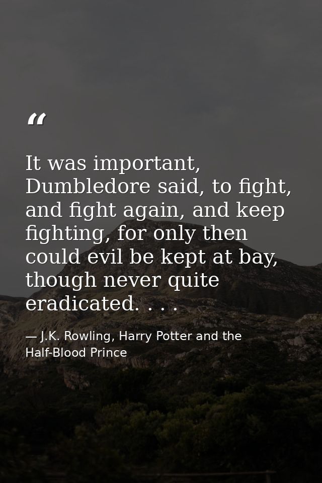 It was important, Dumbledore said, to fight, and fight again, and keep fighting, for only then could evil be kept at bay — J.K. Rowling, Harry Potter and the Half-Blood Prince