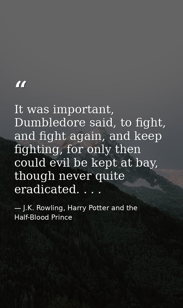It was important, Dumbledore said, to fight, and fight again, and keep fighting, for only then could evil be kept at bay — J.K. Rowling, Harry Potter and the Half-Blood Prince