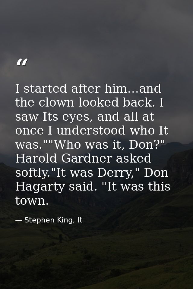 I started after him...and the clown looked back. I saw Its eyes, and all at once I understood who It was.""Who was it, D — Stephen King, It