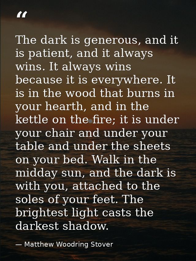 The dark is generous, and it is patient, and it always wins. It always wins because it is everywhere. It is in the wood  — Matthew Woodring Stover
