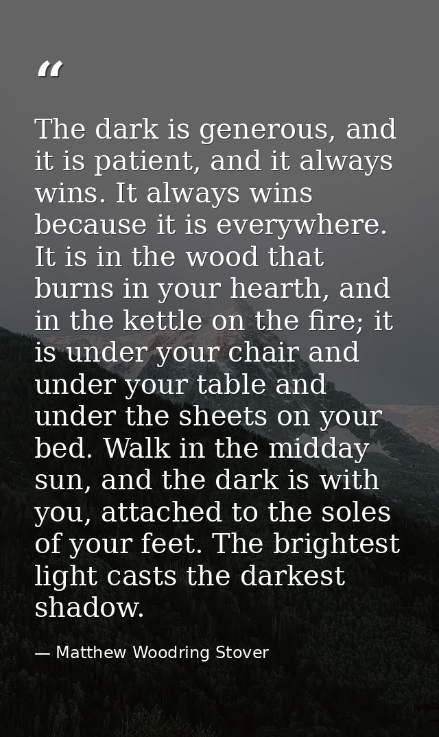 The dark is generous, and it is patient, and it always wins. It always wins because it is everywhere. It is in the wood  — Matthew Woodring Stover