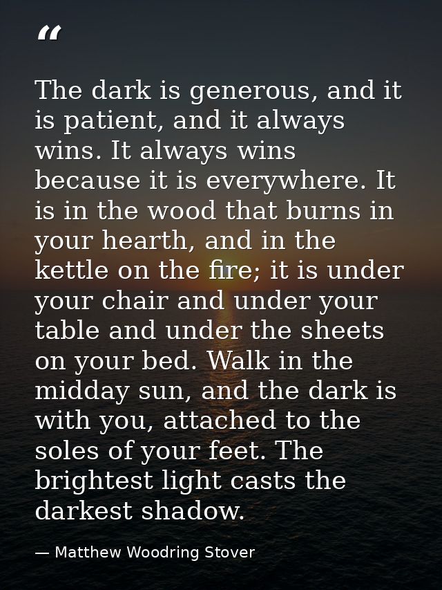 The dark is generous, and it is patient, and it always wins. It always wins because it is everywhere. It is in the wood  — Matthew Woodring Stover