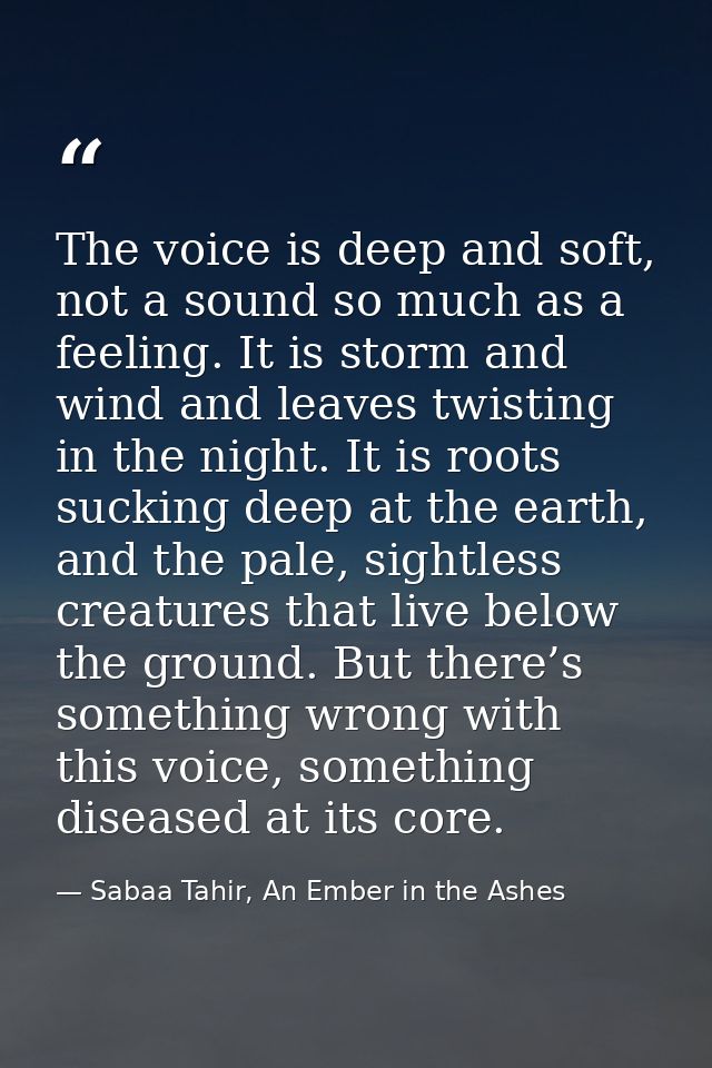 The voice is deep and soft, not a sound so much as a feeling. It is storm and wind and leaves twisting in the night. It  — Sabaa Tahir, An Ember in the Ashes